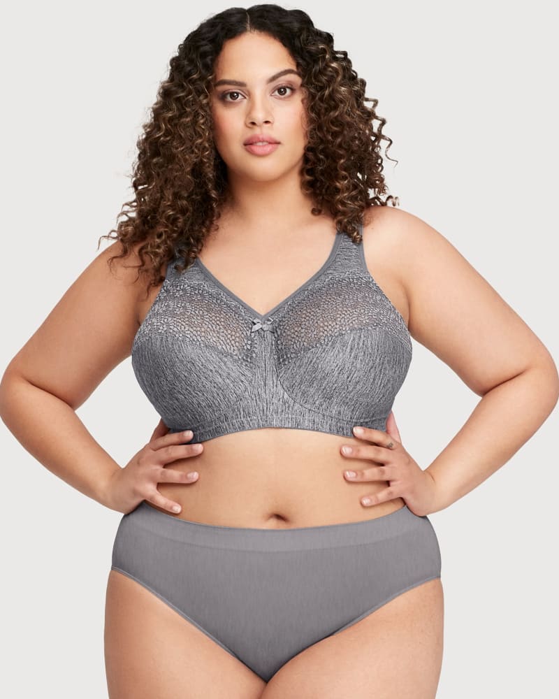 Front of a model wearing a size 42C MagicLift Moisture Control Bra in Gray Heather by Glamorise. | dia_product_style_image_id:262978
